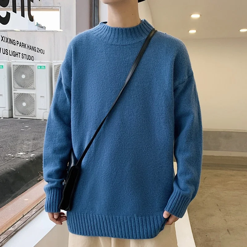 Huiketi Korean Style Men Turtleneck Sweaters Fashion Slim Fit Pullover Mens Casual Knitwear Pullovers Male Solid Turtleneck Sweaters