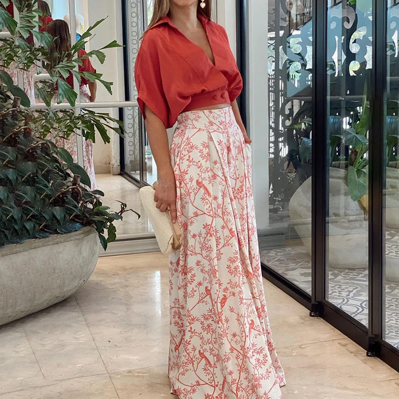 Wefads Womens Two Piece Sets Sexy Mid Sleeve Shirt Elgant Floral Print Wide Leg Pant High Streetwear