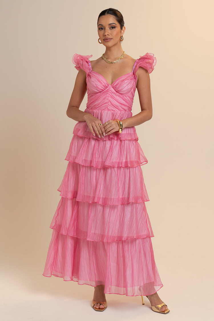 Ruffled Straps Tiered Hem Cinch Waist Maxi Dresses-Pink [Pre Order]
