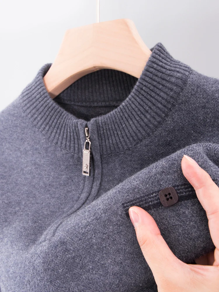 Winter Essentials: New Men's Thick Wool Knit Half-Zip Sweater in Solid Colors
