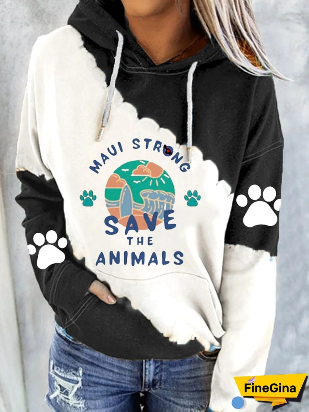 Women's Maui Strong Save The Animals Print Pocket Casual Hoodie