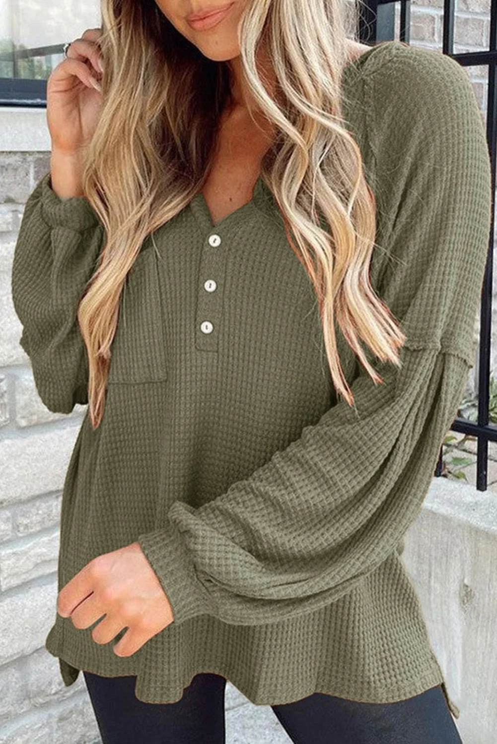 Green Buttoned V Neck Drop Shoulder Waffle Knit Top | IFYHOME
