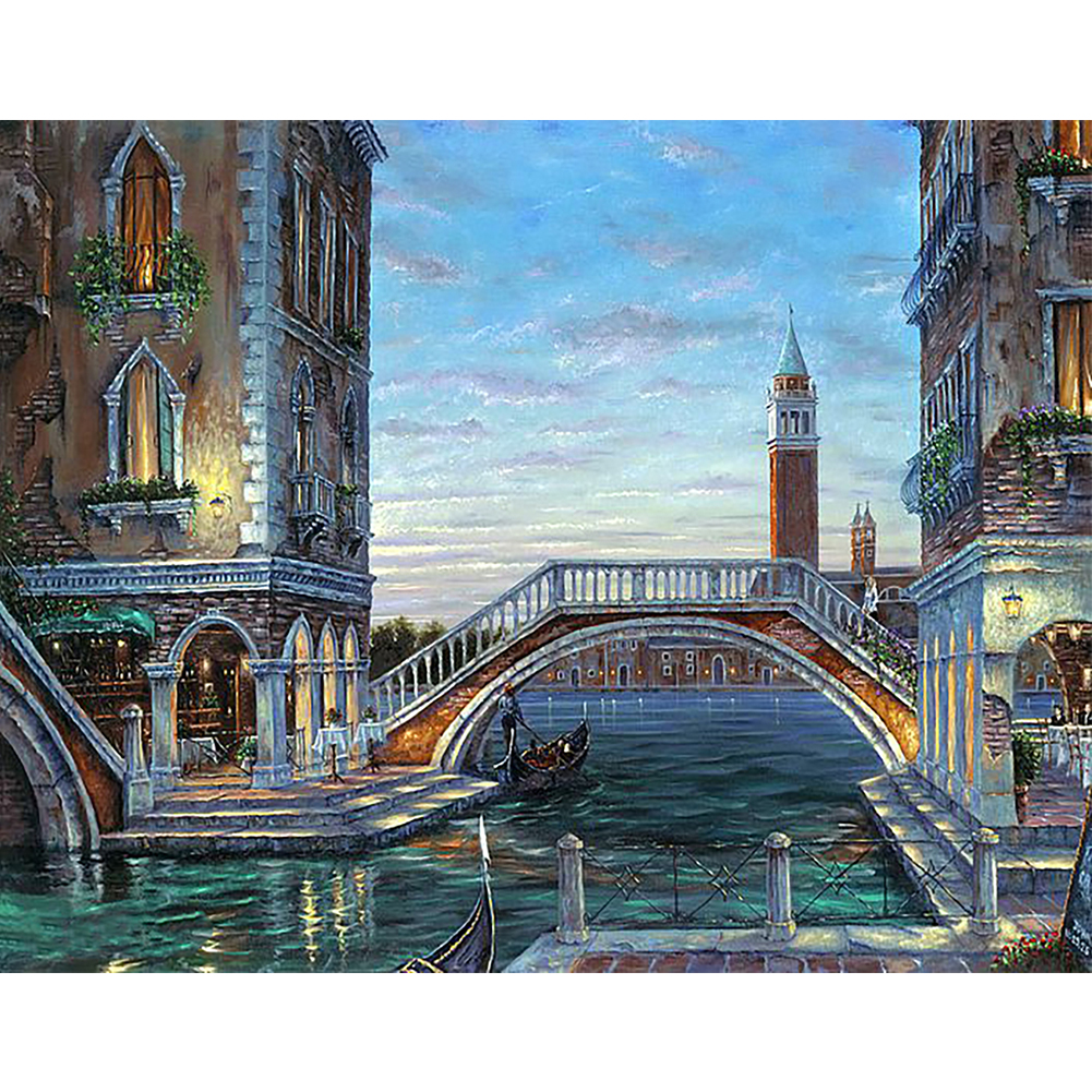 

50*40CM - Round Drill Diamond Painting - European City Bridge By The River, 501 Original