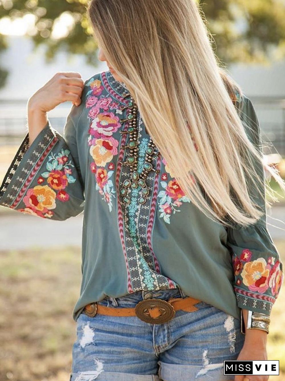 V Neck Floral Vintage 3/4 Sleeve Tops