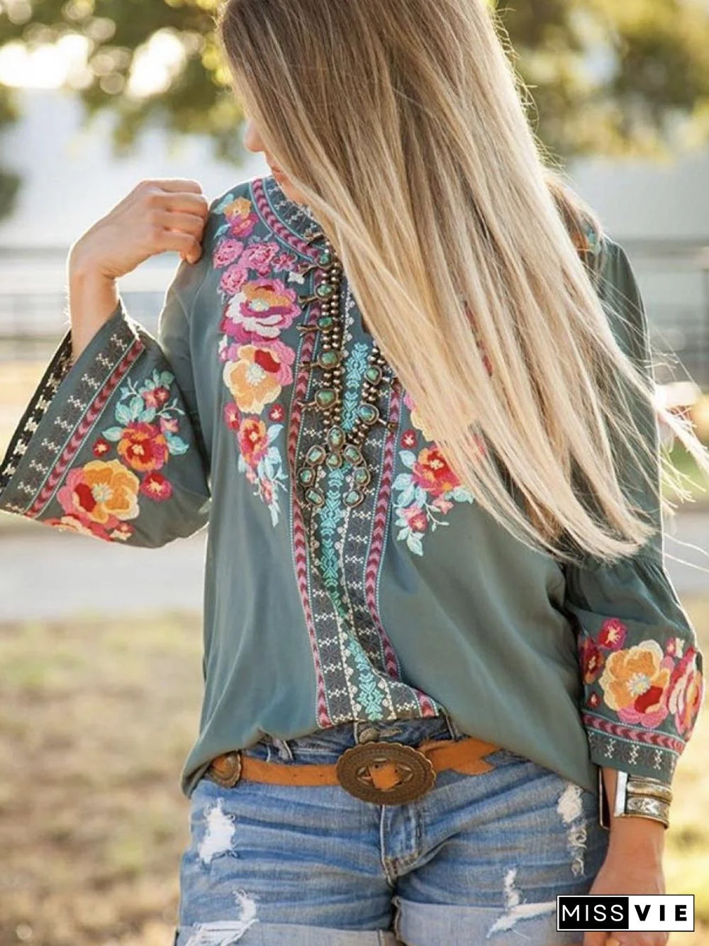 V Neck Floral Vintage 3/4 Sleeve Tops