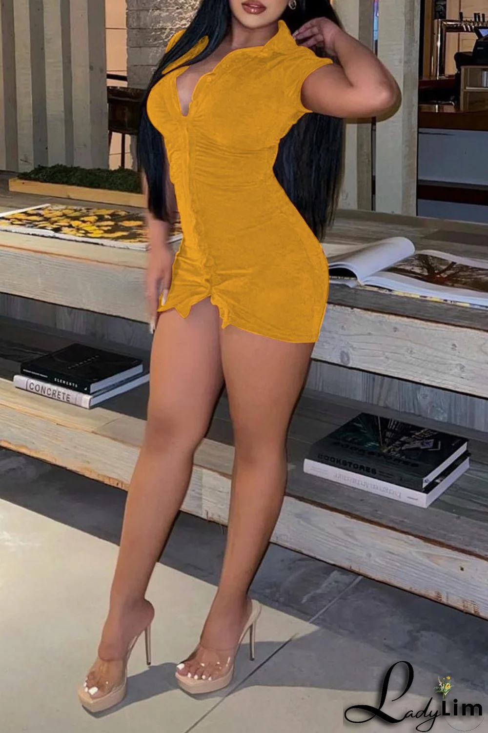 Black Casual Solid Patchwork Buckle Turndown Collar Dresses