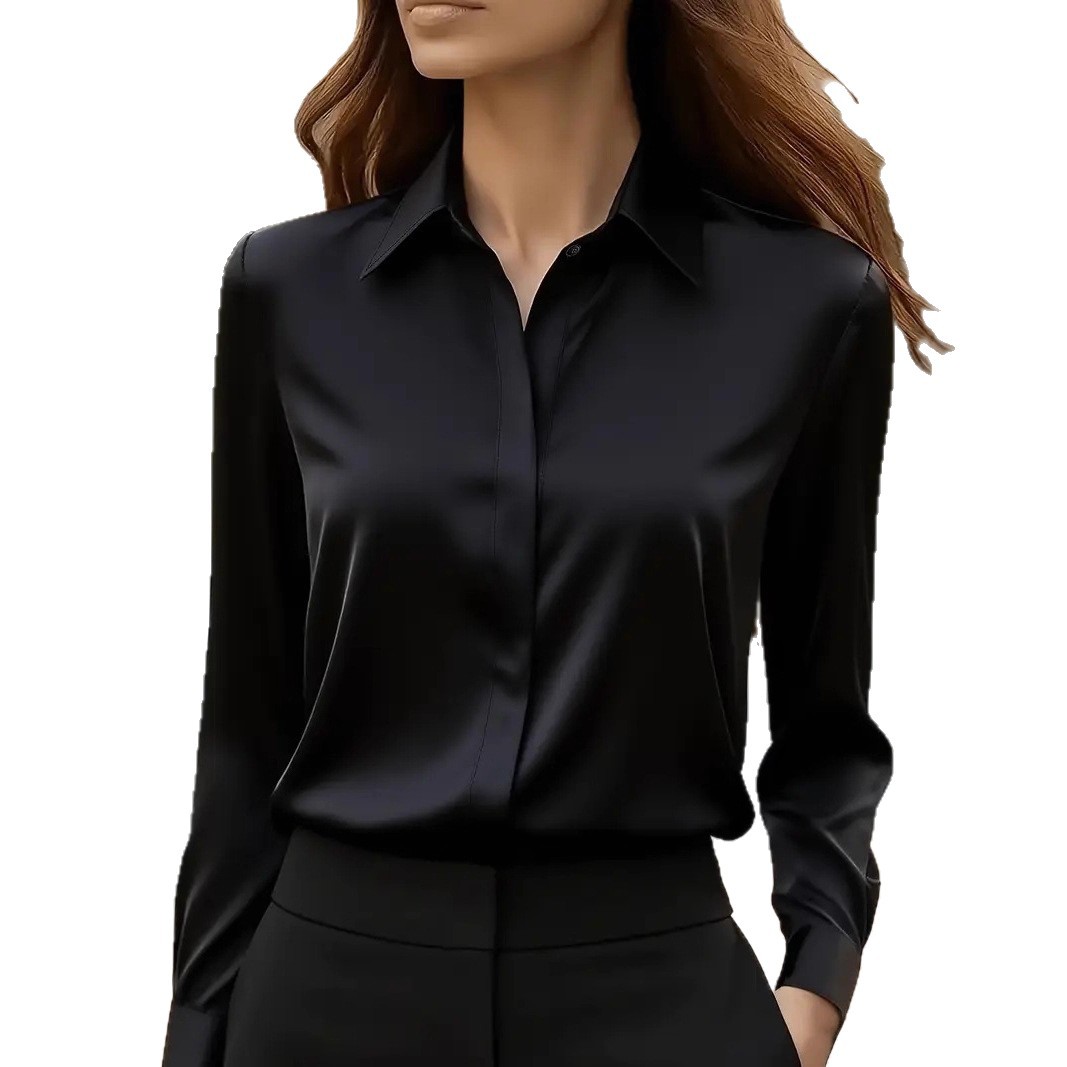 Satin Button-Down Long Sleeve Blouse