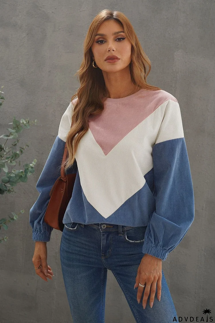 Colorblock Balloon Sleeve Corduroy Sweatshirt