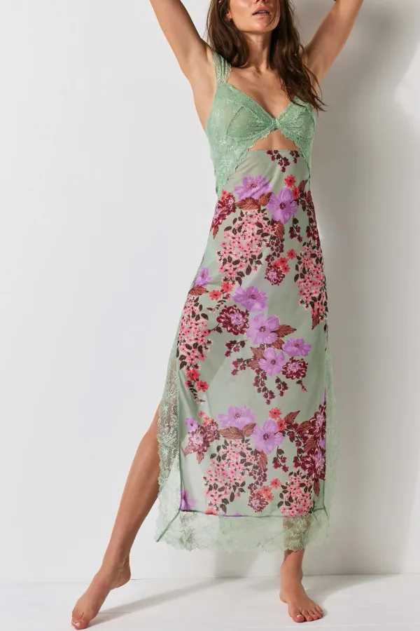 Floral Print Lace Patchwork Hollow-out Slim-fit Midi Dress