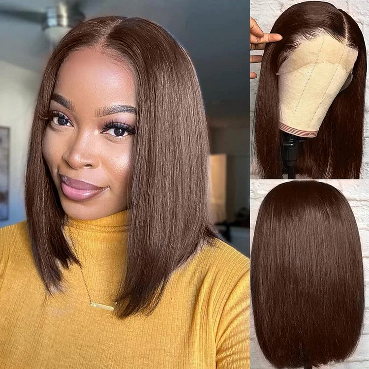 200% Density Dark Brown Straight Bob Lace Frontal Wig