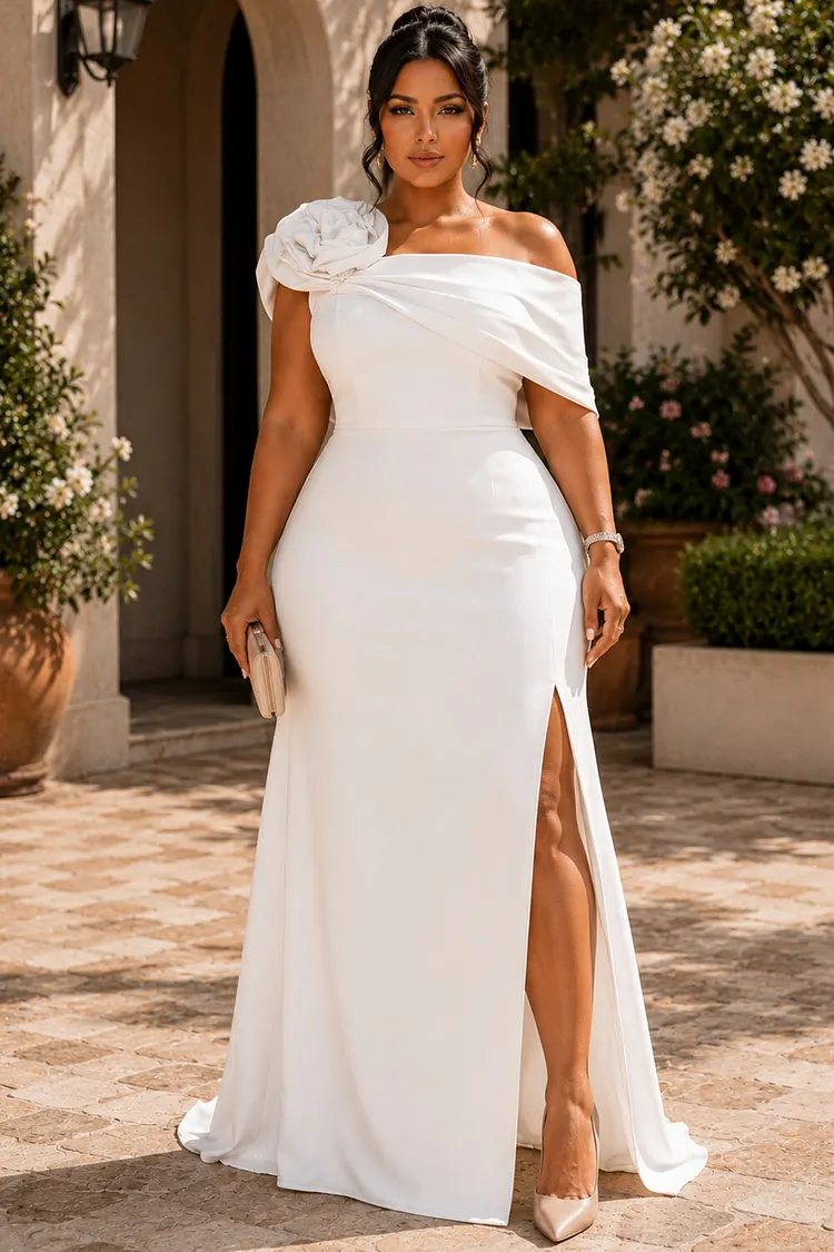 Xpluswear Design Plus Size Formal Elegant White Off The Shoulder Short Sleeve 3D Split Maxi Dresses [Pre-Order] 2024 - Xpluswear