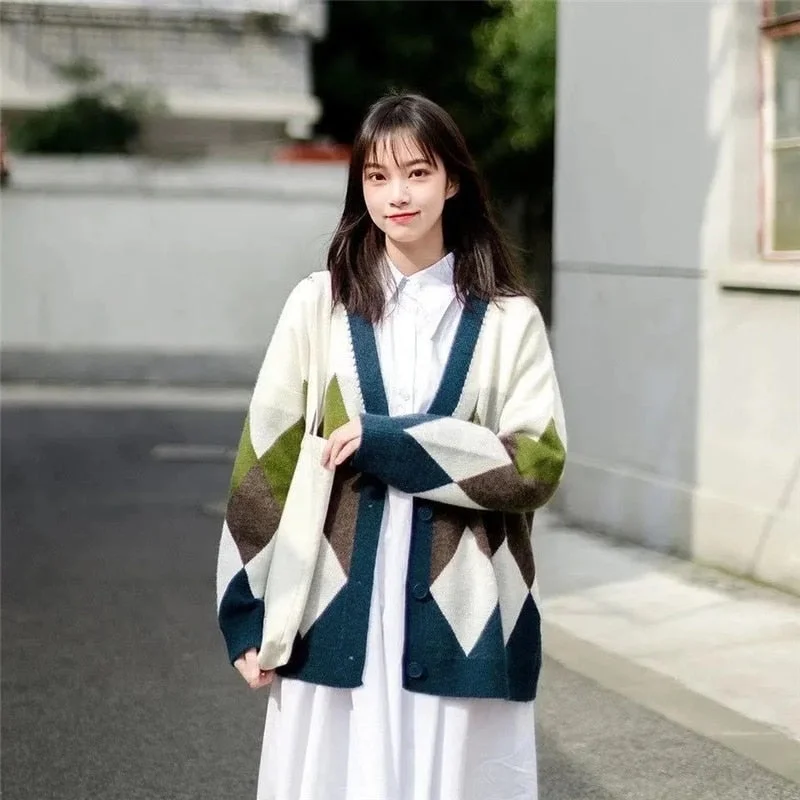 Argyle Cardigan Women Knitted Sweater Loose Single Breasted Students V-neck Lovely Knitwear Korean Oversize Cardigan Winter Tops