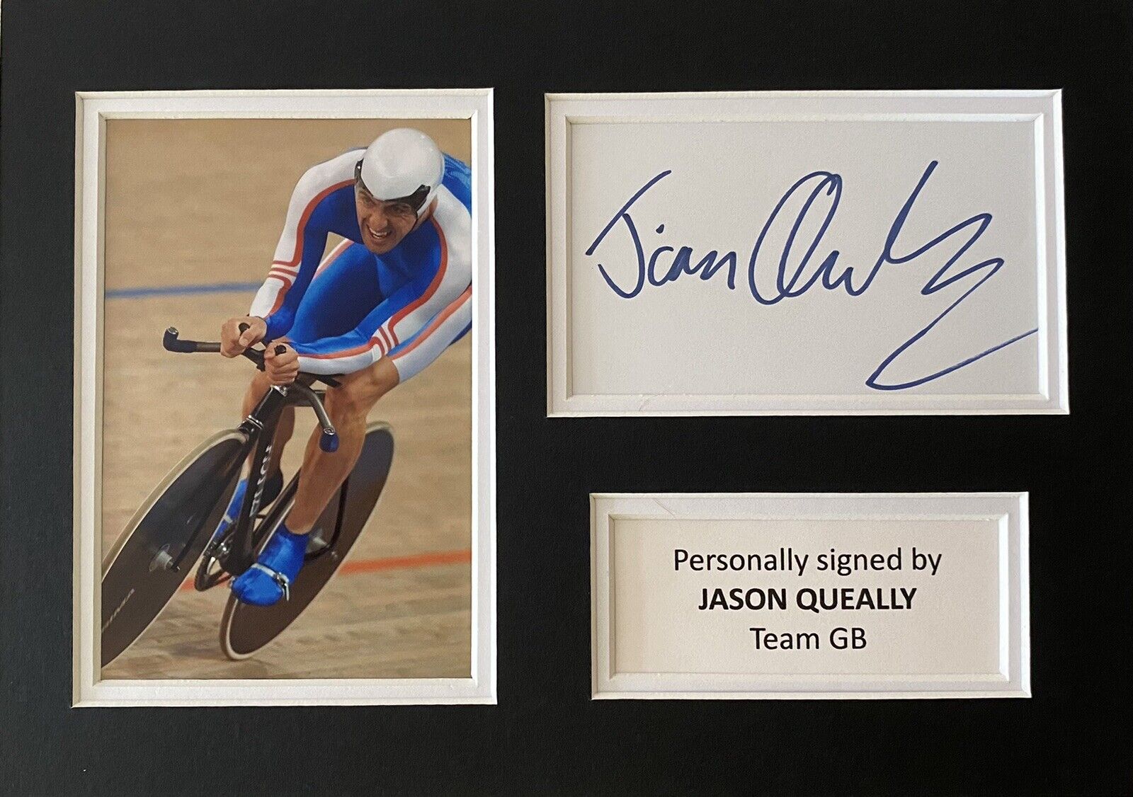 Jason Queally Hand Signed White Card In A4 Team GB Mount Display - Olympics