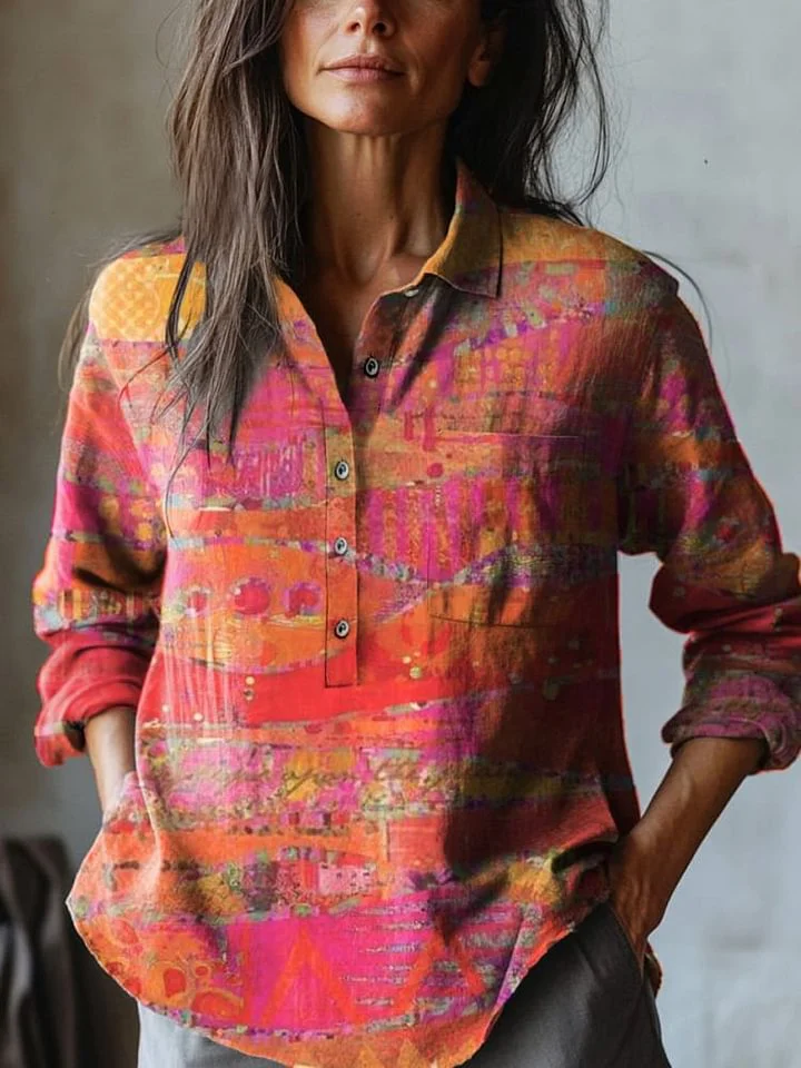 Vibrant Collage Pattern Printed Women's Casual Cotton And Linen Shirt