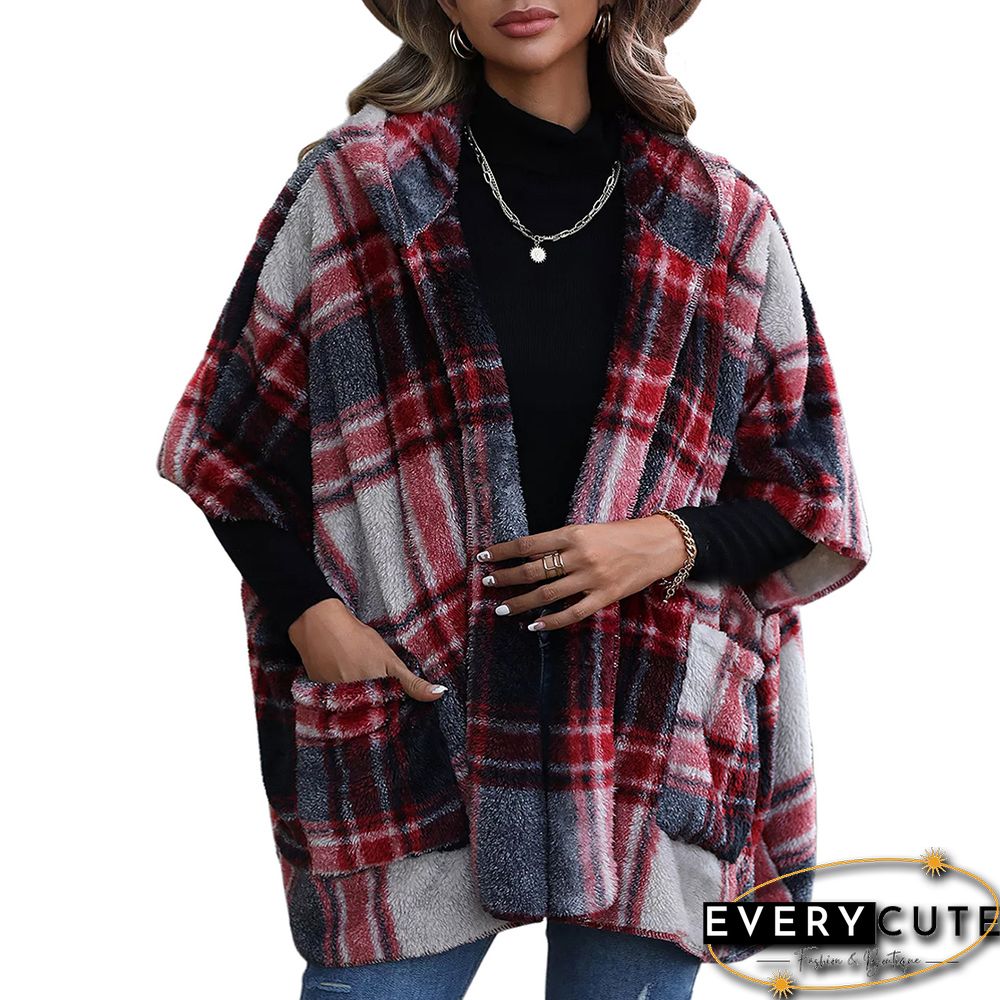 Red Plaid Print Plush Hooded 1/2 Sleeve Pocket Coat