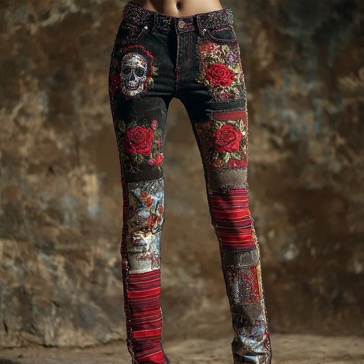 Vintage Skull & Roses Embroidered Patchwork Skinny Jeans