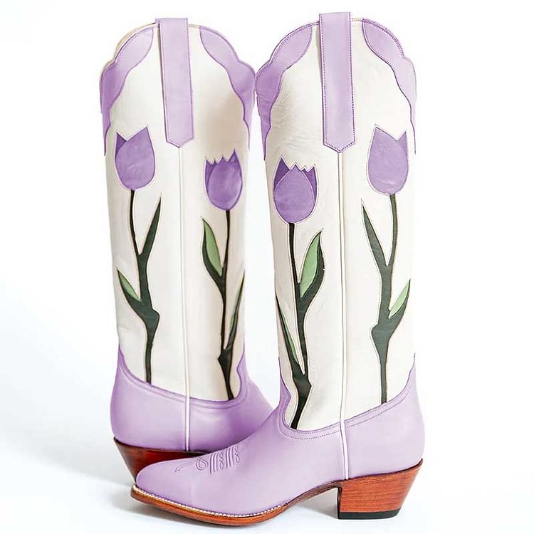 VCSHOES Pink Tulips Below The Knee Heeled Cowboy Boots for Women