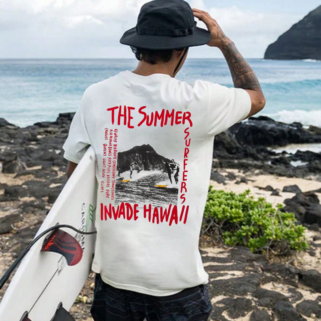 Oversized Surfing White T-Shirt with Sunset Graphic Print for Men