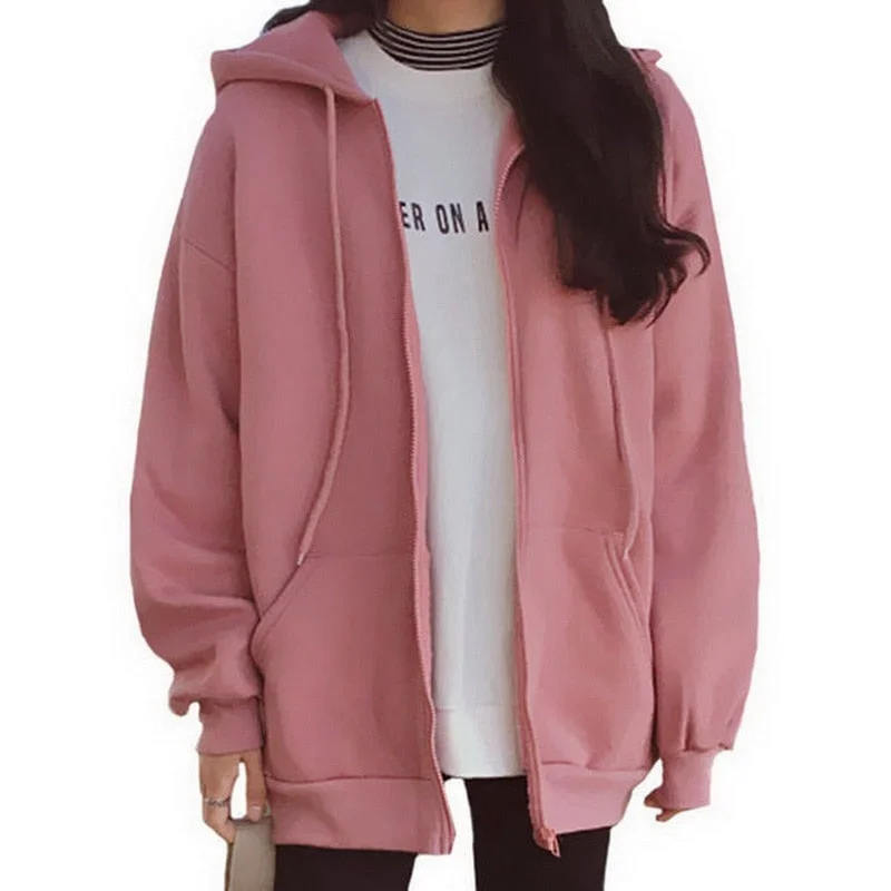 Zip Up Women Korean Style Hoodies For Girls Top Vintage Solid Long Sleeve Oversized Hooded Sweatshirt Jacket Casual Large Coats