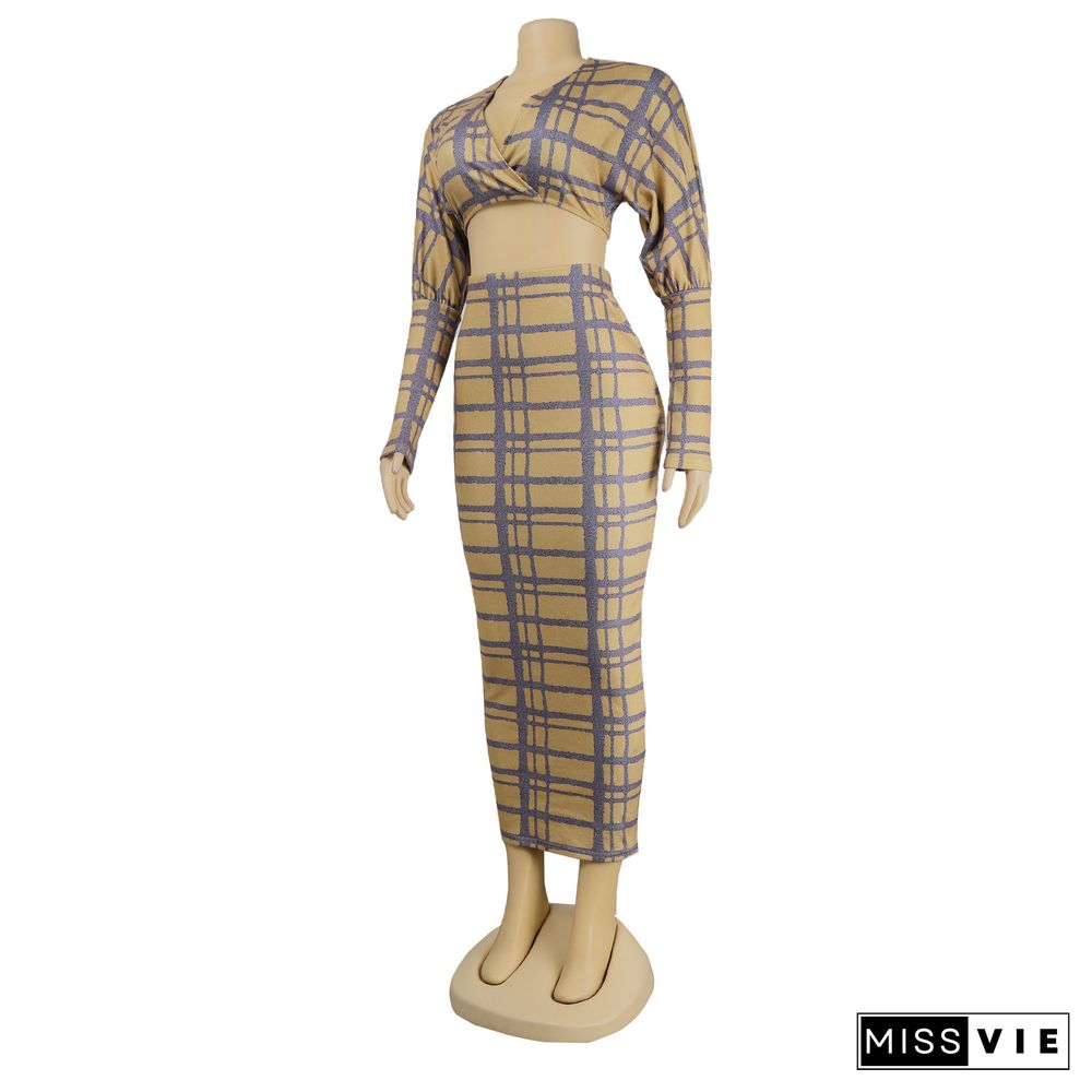 Plaid Long Sleeve Crop Top Bodycon Maxi Skirt Set