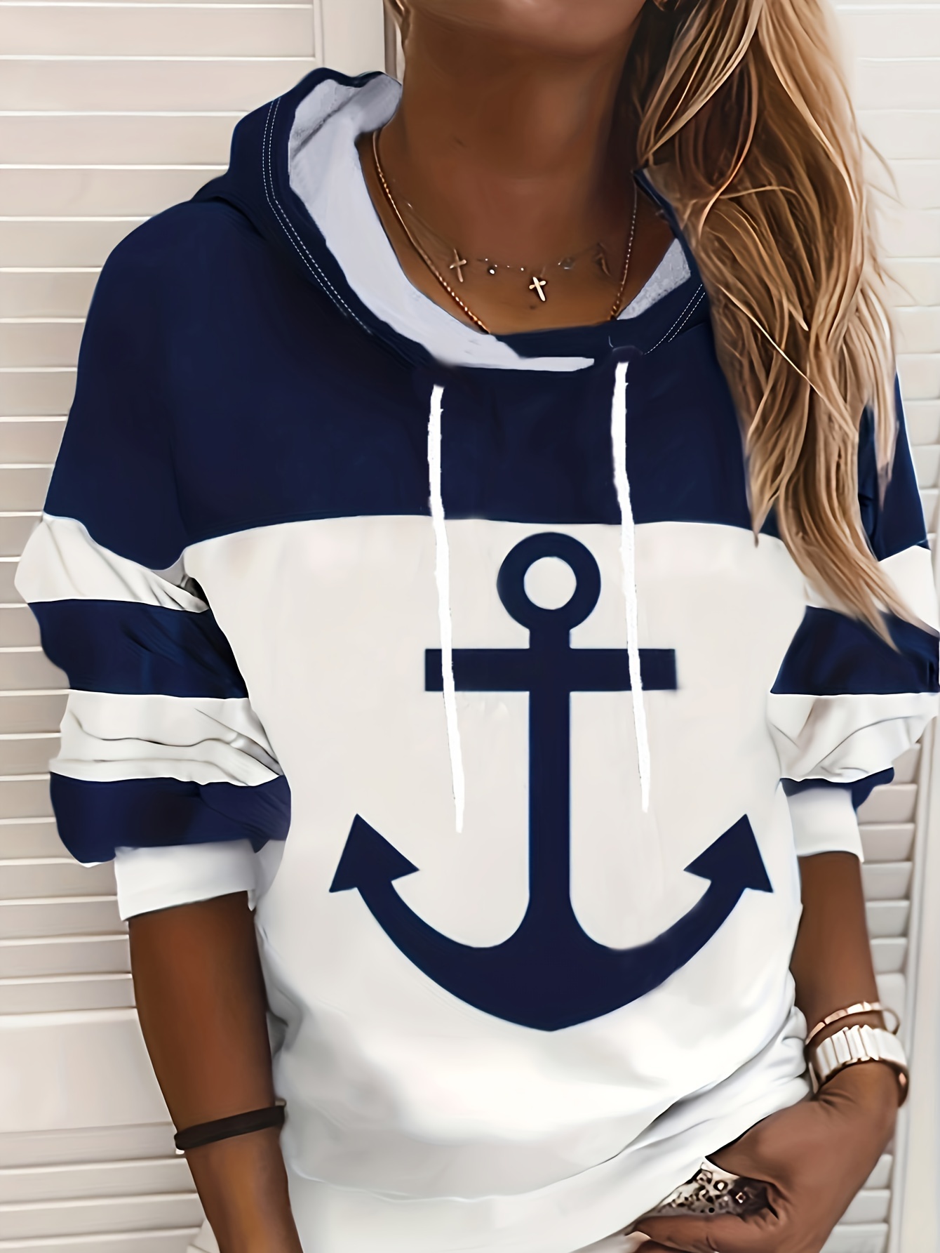 Anchor Print Drawstring Hoodies, Casual Color Block Long Sleeve Sweatshirt, Women's Clothing | IFYHOME
