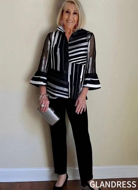 2Pcs Chiffon Stripes Shirt and Pants Set