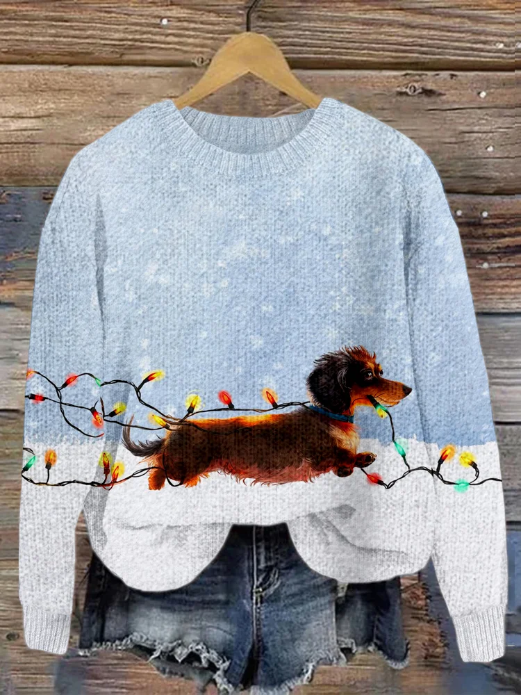 Dachshund Tangled In Lights Christmas Cozy Sweater