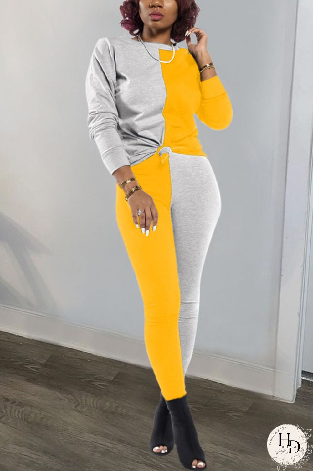 rose red and blue Polyester Sexy Patchwork Solid pencil Long Sleeve Two Pieces