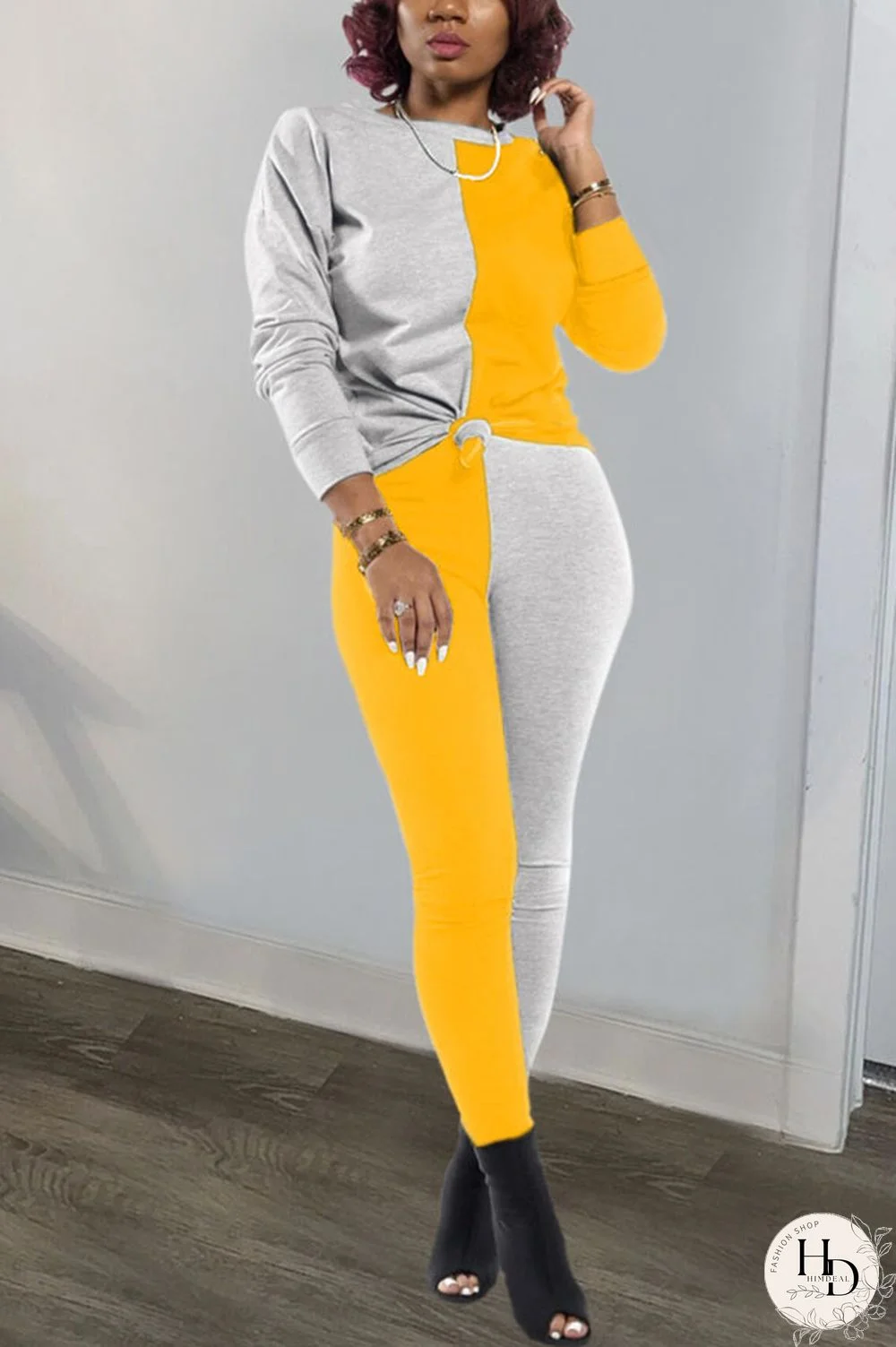 rose red and blue Polyester Sexy Patchwork Solid pencil Long Sleeve Two Pieces