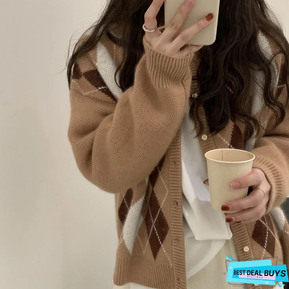 Diamond Round Neck Lazy Wind Knitted Cardigan Sweater