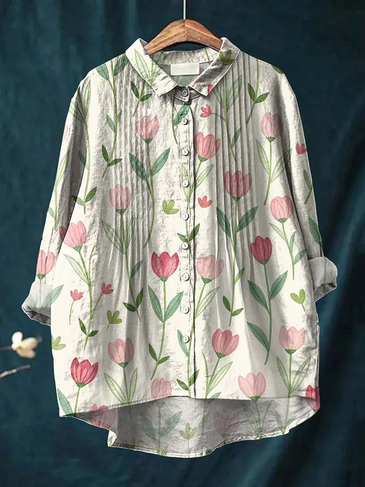 Women's Colorful Artistic Flowers Print Casual Cotton And Linen Ruffle Shirt