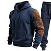 Men's Vintage Navy Blue Stitching Brown Suede Pocket Hoodie And Sweatpants Jogger Set by Inlyline