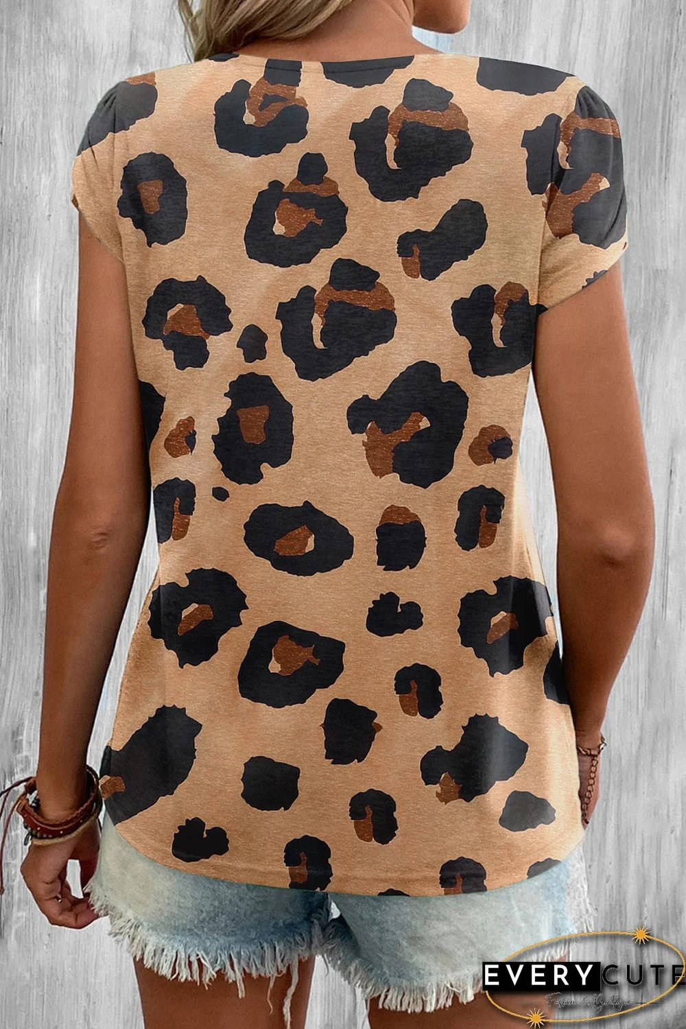 Khaki Leopard Strappy V Neck Overlap Sleeve Top