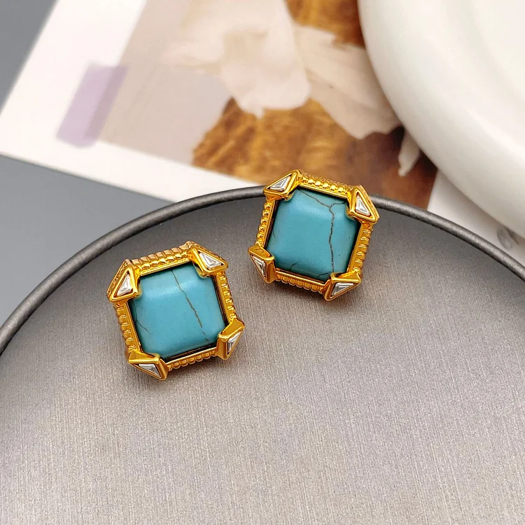 Geometric carved pattern inlaid turquoise earrings