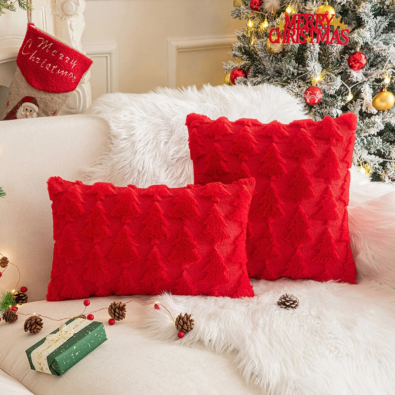 Christmas Pillow Case Plush Snowflake Christmas Tree Embroidered Hair Living Room Sofa Cushion Holiday Party Decorative Pillow Case