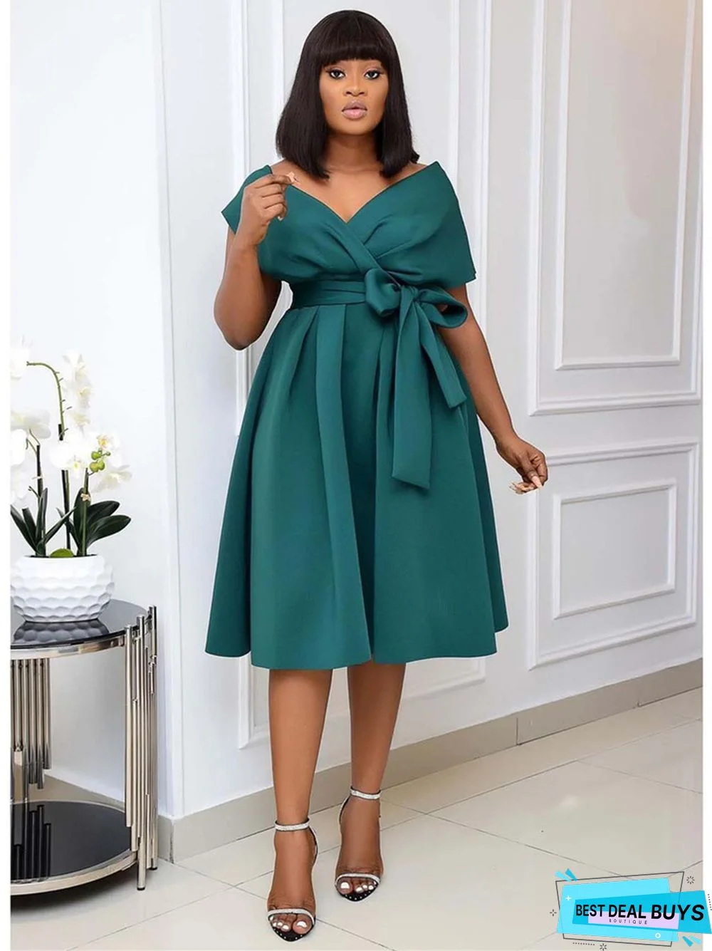 Large Women's Short Sleeve V-Neck Off Shoulder Evening Dress Black Dresses