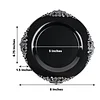 10 Pack | 8" Round Plastic Dessert Salad Plates In Vintage Black, Silver Leaf Embossed Baroque Disposable Plates