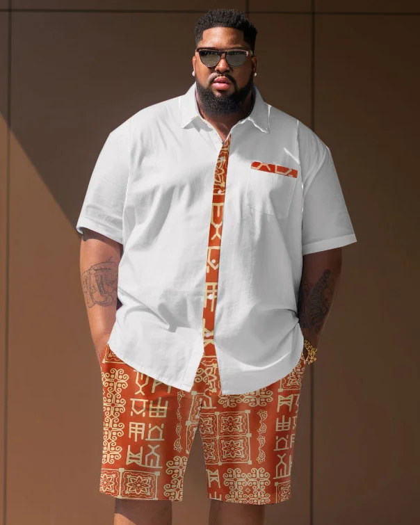 Men's Plus Size Simple Retro Ethnic Pattern Short Sleeve Shirt Shorts Suit
