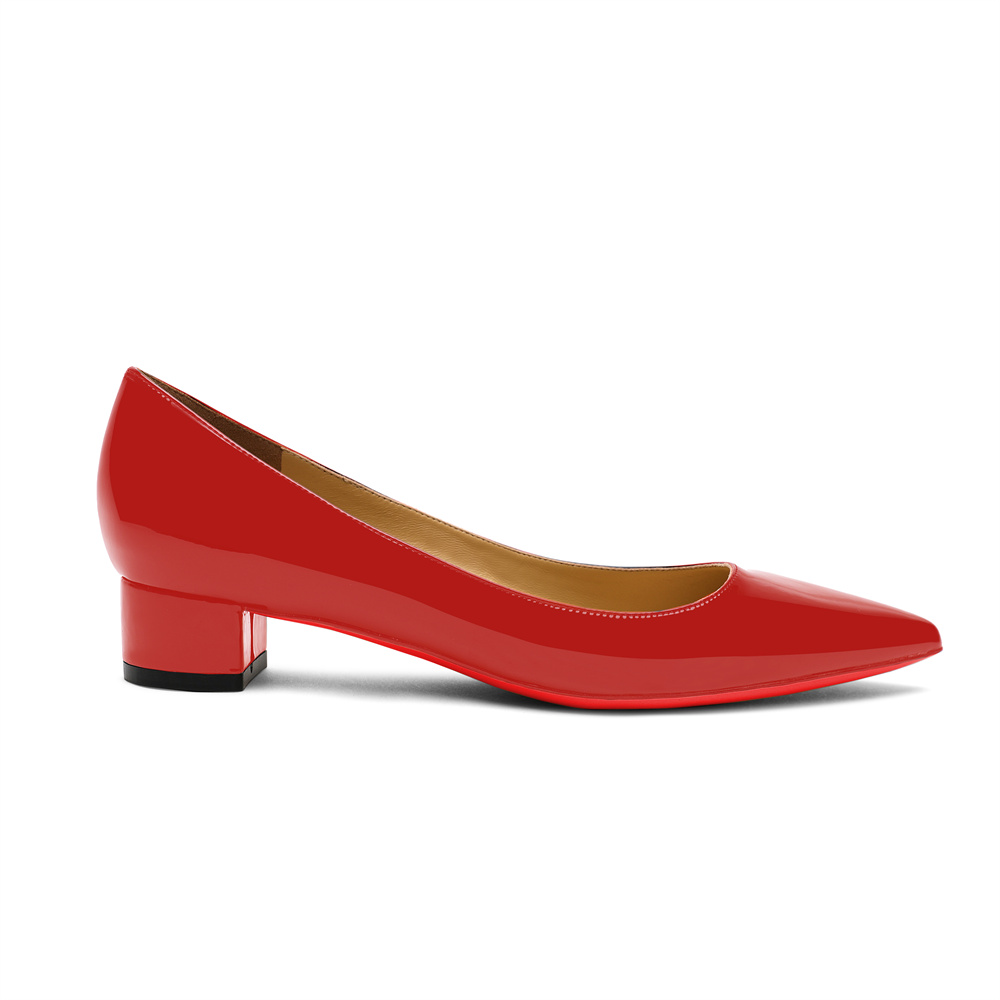 30mm Pointed Toe Low Chunky Heels Red Bottom Kitten Heels Daily Patent Pumps for Women-MERUMOTE