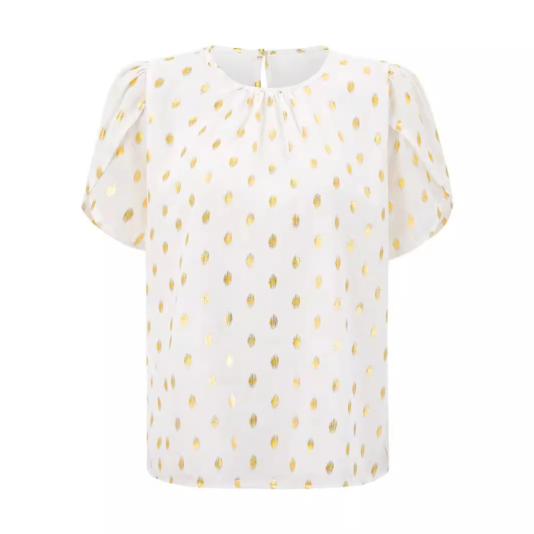 Woherb Woherb Clear New Wind Hot Women's Wear 2024 New Round Collar Pinch Pleated Polka Point Short-Sleeved Jacket Women-Outfit Ideas