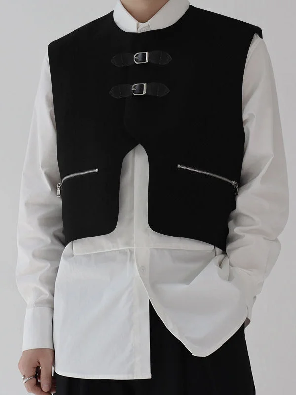 Aonga - Mens Leather Buckle Zipper Short Waistcoats