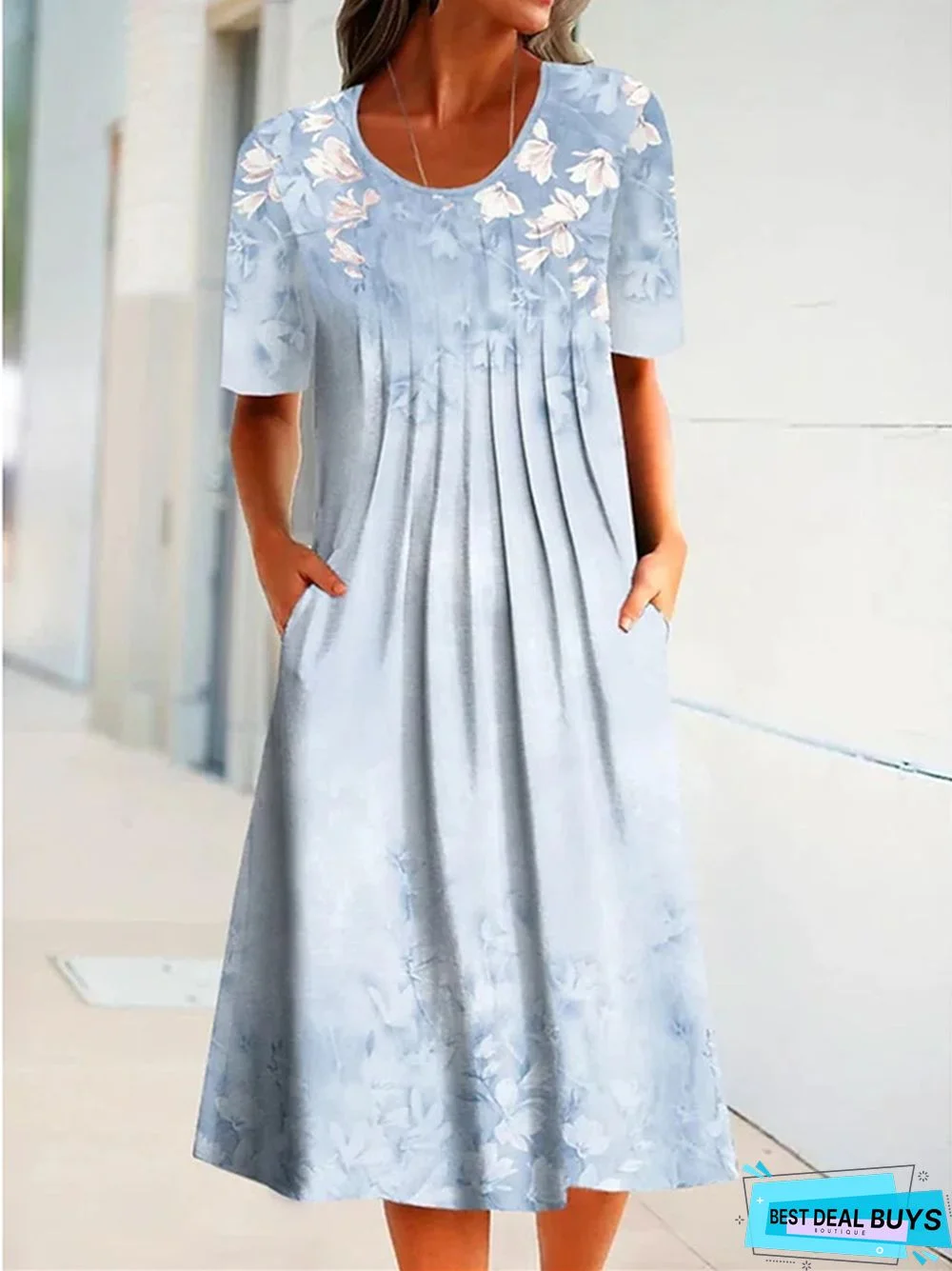 Casual Flower Round Neck Medium Length Straight Dress