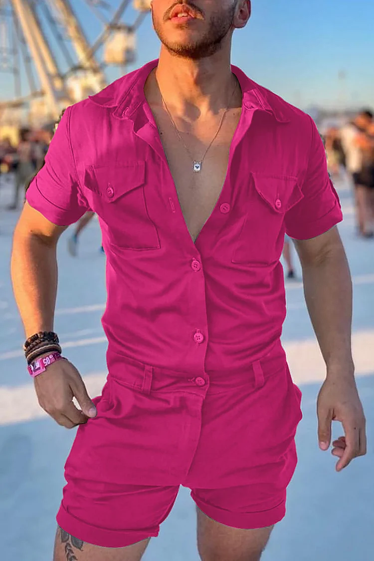 Ciciful Casual Slim Fit Flap Pocket Hot Pink Cargo Shirt Romper