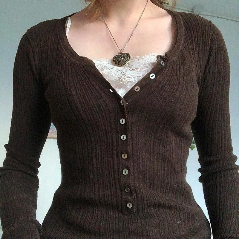 Brownm Grunge Button Front Top