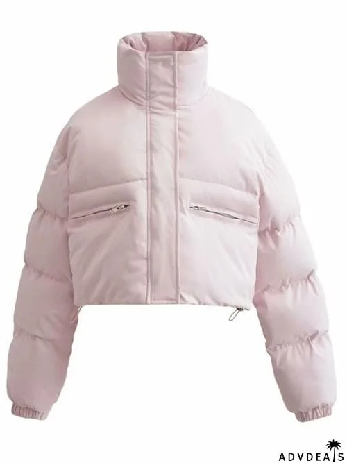 Snap and Zip Closure Drawstring Cropped Winter Coat