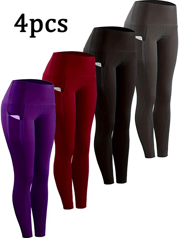 4pcs Women's High-Waist Yoga Pants Set - Comfortable And Soft Leggings With Pockets, Medium Stretch, Suitable For Fitness, Yoga, Sports - Black/Grey/Purple/Burgundy, Wearable All Year Round
