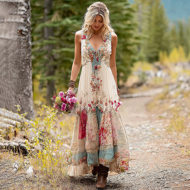 Women's Retro Floral Sleeveless Long Dress
