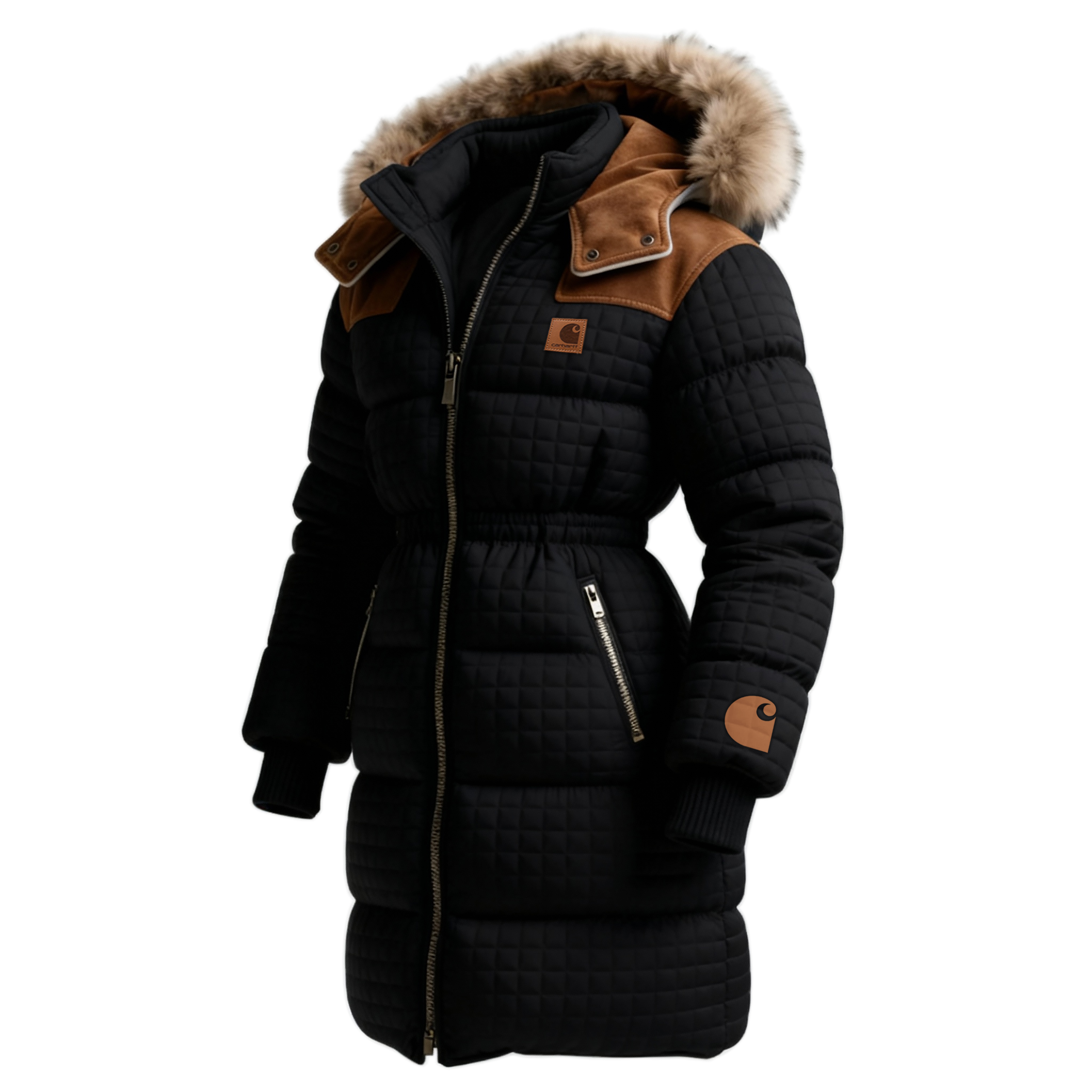 Women's Retro Western Style Waffle Contrast Suede Collar Hooded Mid-Length Jacket