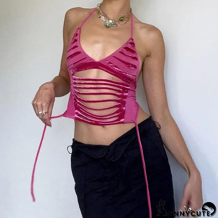 Women's Summer V-Neck Camisole Halter Neck Hollow Ribbon Sexy Low Back Vest