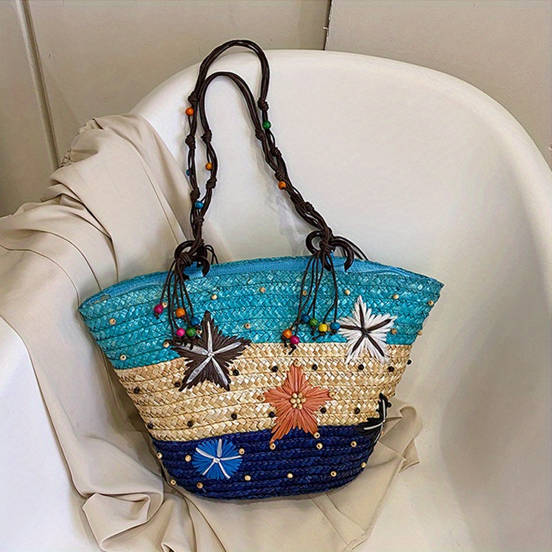 Women's Straw Tote Bag With Starfish Decor, Boho Style Large Woven Straw Bag Handbag Summer Beach Tote For Travel